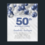 Billigt Blue Silver Balloon Glitter 50:e födelseda Flygblad<br><div class="desc">Modern Glam Navy Blue Silver Balloon Glitter Gnistra vid alla åldrar</div>