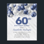 Billigt Blue Silver Balloon Glitter 60:e födelseda Flygblad<br><div class="desc">Modern Glam Navy Blue Silver Balloon Glitter Gnistra vid alla åldrar</div>