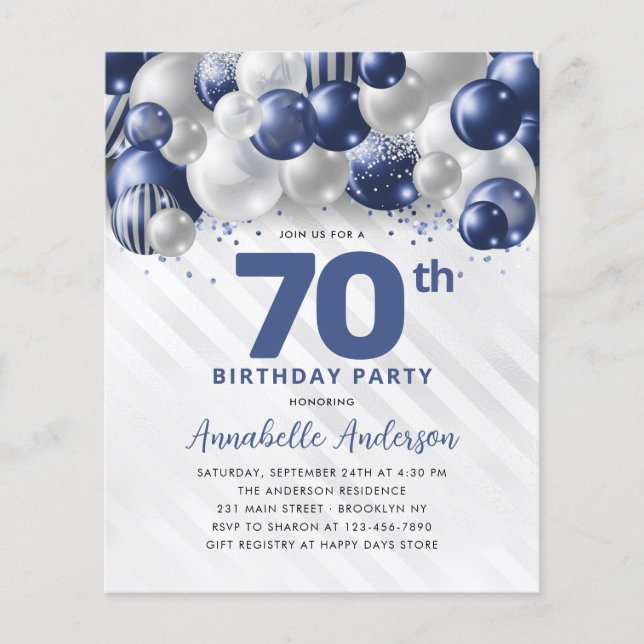 Billigt Blue Silver Balloon Glitter 70:e födelseda Flygblad (Framsidan)