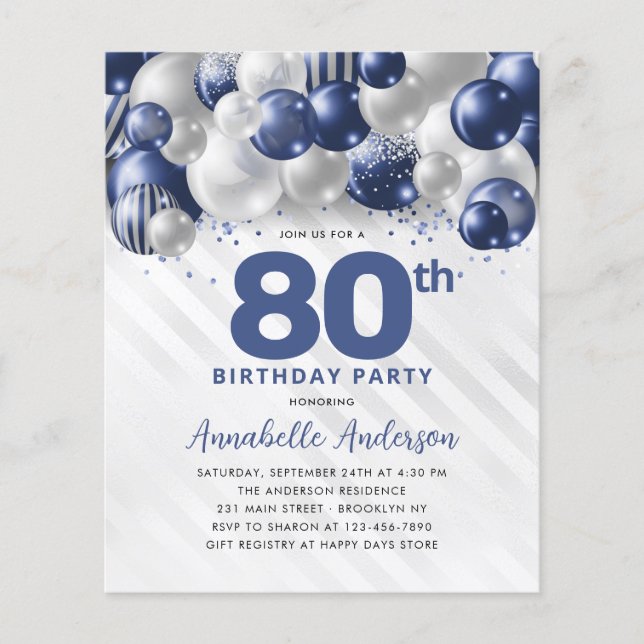 Billigt Blue Silver Balloon Glitter 80:e födelseda Flygblad (Framsidan)