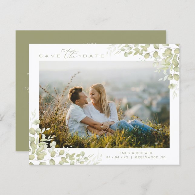 Billigt Chic Modern Grönt Grenar Photo Bröllop (Fram/baksida)