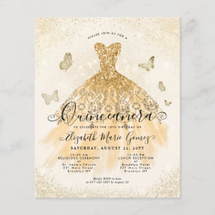 Billigt Classic Light Guld Gown Quinceanera Inbjud Flygblad