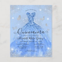 Billigt Dusty Blue Silver Gown Quinceanera Inbjuda