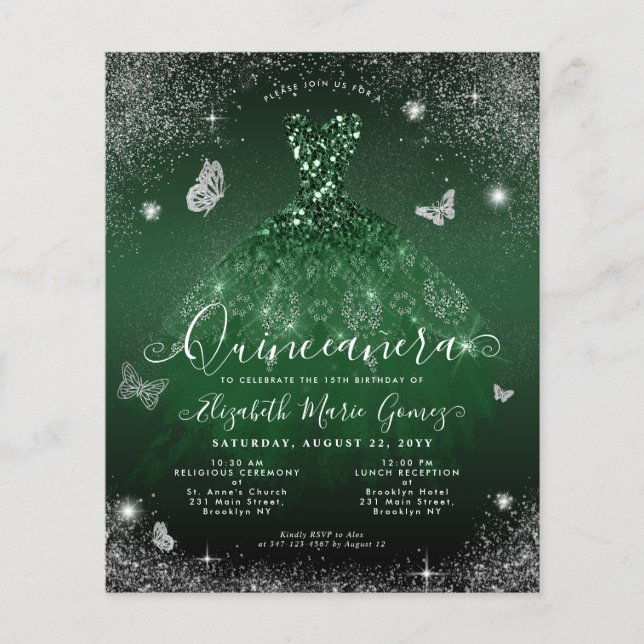 Billigt Emerald Grönt Silver Gown Quinceanera Card Flygblad (Framsidan)