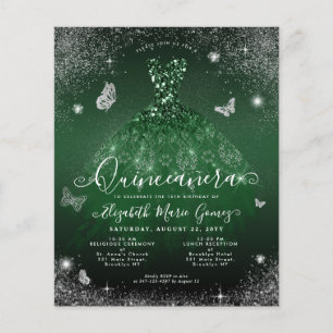 Billigt Emerald Grönt Silver Gown Quinceanera Card Flygblad