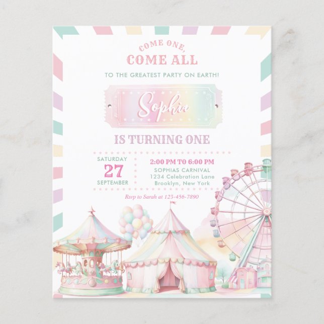 BILLIGT Girly Pastel Färg Carnival Circus Birthday Flygblad (Framsidan)