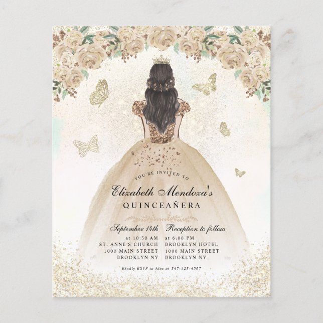 Billigt Guld Glitter Blommigt Princess Quinceañera Flygblad (Framsidan)
