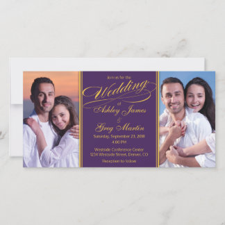 Billigt Lila Guld Photo Collage Wedding bjudande i