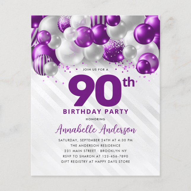 Billigt Lila Silver Balloon Glitter 90:e födelseda Flygblad (Framsidan)