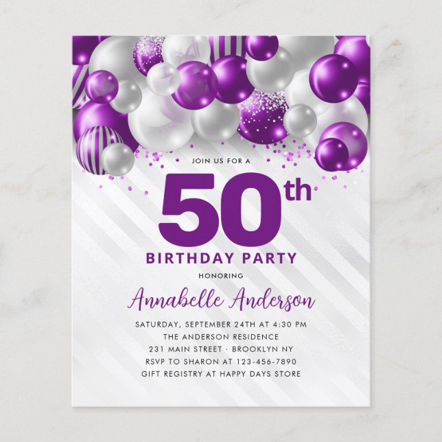 Billigt Lila Silver Blegon Glitter 50:e födelsedag Flygblad (Framsidan)