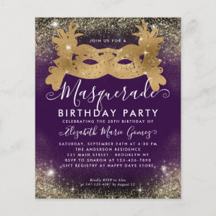 Billigt MasqueraLila Guld Glam Glitter Birthday Flygblad
