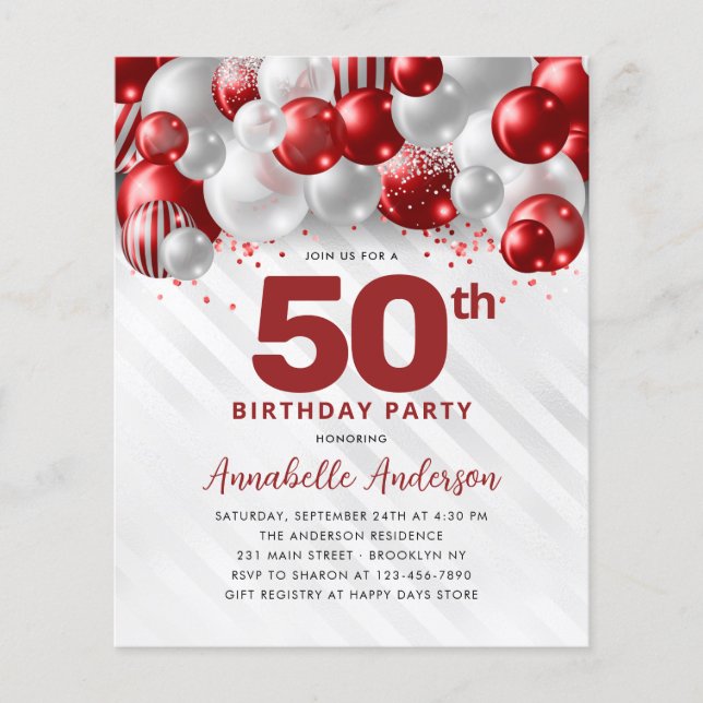 Billigt Red Silver Balloon Glitter 50:e födelsedag Flygblad (Framsidan)