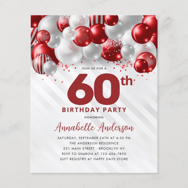 Billigt Red Silver Balloon Glitter 60:e födelsedag Flygblad (Framsidan)