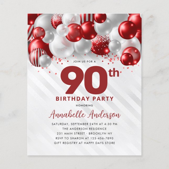Billigt Red Silver Balloon Glitter 90:e födelsedag Flygblad (Framsidan)