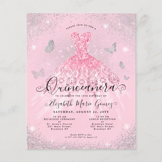 Billigt  Rosa Silver Gown Quinceanera Inbjudan Flygblad (Framsidan)