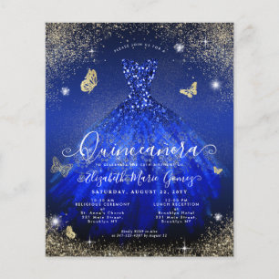 Billigt Royal Blue Guld Gown Quinceanera Inbjudan Flygblad