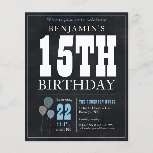 Billigt Rustic Chalkboard Blue Balloon 15:e födels Flygblad (Framsidan)