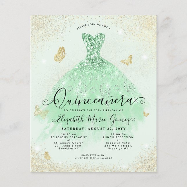 Billigt Sage Grönt Guld Glitter Gown Quinceanera Flygblad (Framsidan)