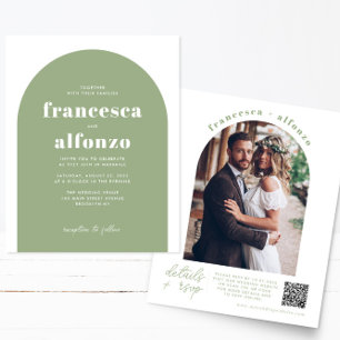 Billigt Sage Grönt OSA QR-kod Retro Photo Bröllop Flygblad