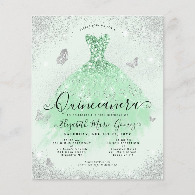 Billigt Sage Grönt Silver Glitter Gown Quinceanera Flygblad (Framsidan)