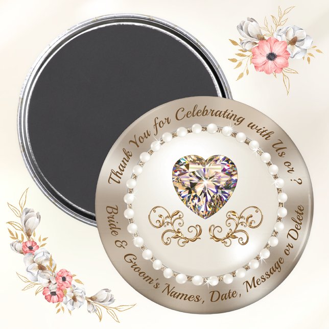Billigt Tack Gifts for Bröllop Guests, Bröllop Magnet (Inexpensive wedding party favors. Taupe wedding colors. Heart favors. Personalized Wedding Magnets.)