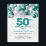 Billigt Teal Silver Balloon Glitter 50:e födelseda Flygblad<br><div class="desc">Modern Glam Teal Grönt Silver Balloon Glitter Gnistra vid födelsedag</div>