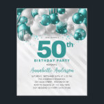 Billigt Teal Silver Balloon Glitter 50:e födelseda Flygblad<br><div class="desc">Modern Glam Teal Grönt Silver Balloon Glitter Gnistra vid födelsedag</div>