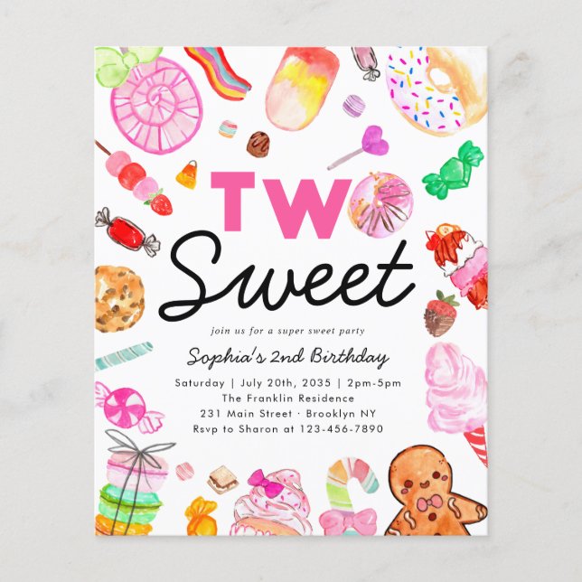 Billigt TWO SWEET Candy Kids Candyland Birthday Flygblad (Framsidan)