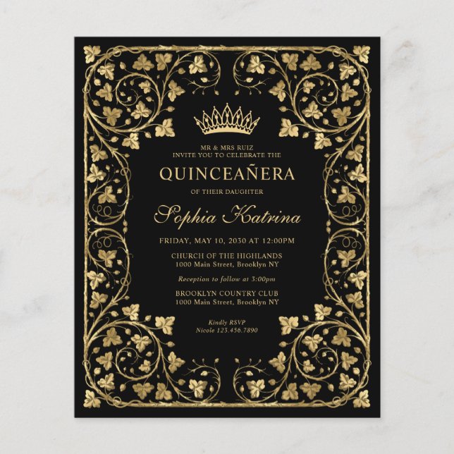 Billigt Vintage Black Blommigt Guld Tiara Quincean Flygblad (Framsidan)