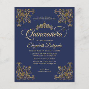 Billigt Vintage Royal Blue Guld Ram Quinceanera Flygblad