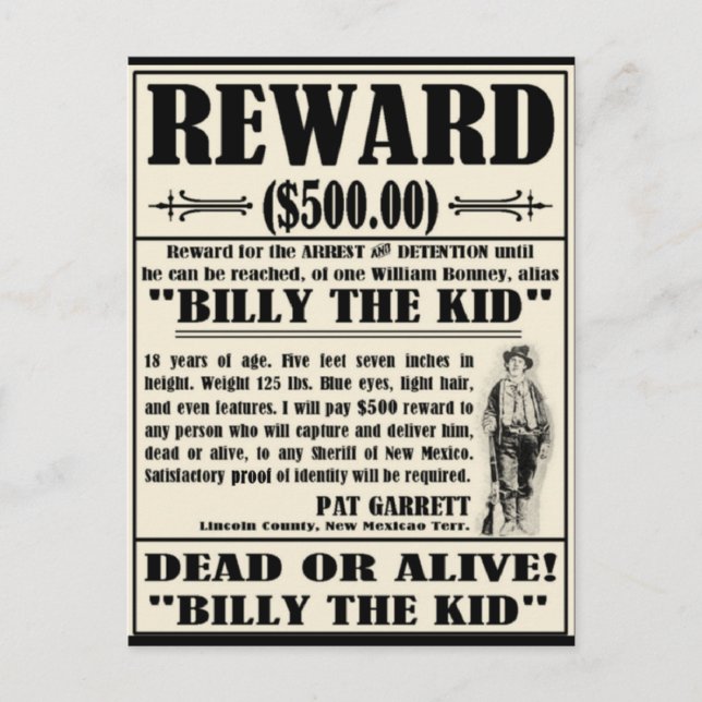 Billy the Kid Wanted Poster Vykort (Framsida)