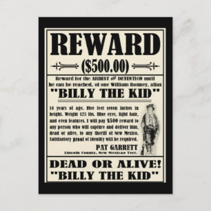 Billy the Kid Wanted Poster Vykort