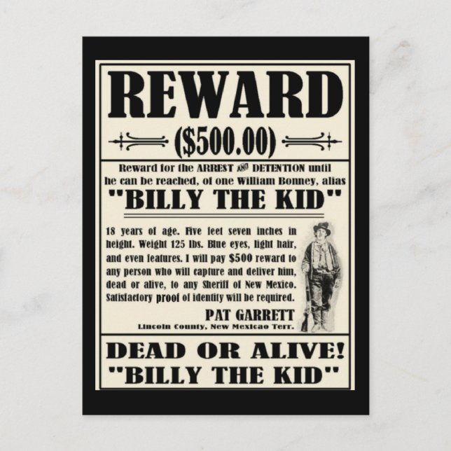 Billy the Kid Wanted Poster Vykort (Framsida)