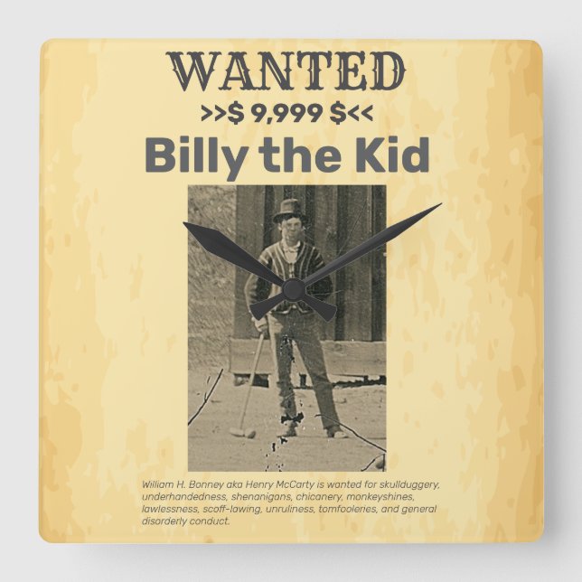 Billy the Kid 🤠 WANTED REWARD Fyrkantig Klocka (Framsida)