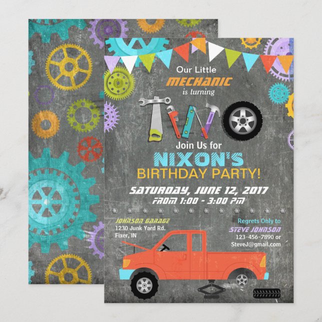 Bilmekanikern utrustar svart tavlafödelsedag för inbjudningar (Fram/baksida)