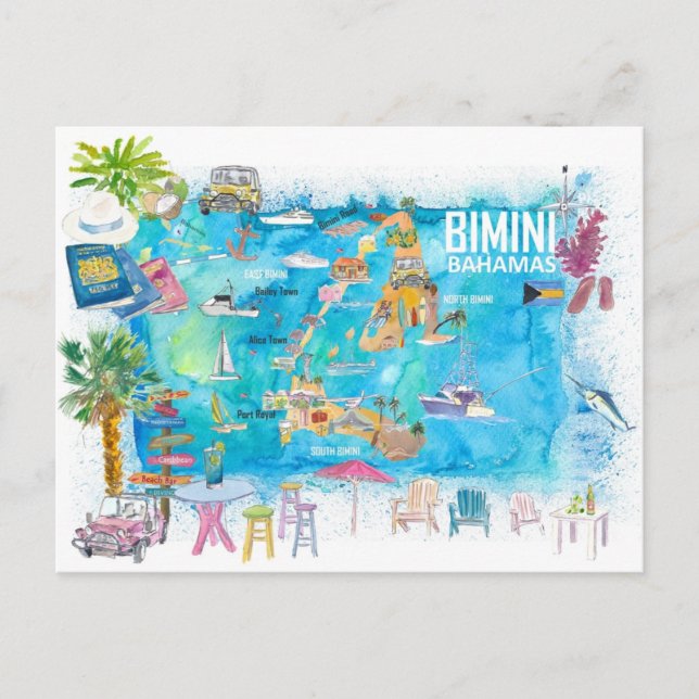 Bimini Bahamas Illustrated Karta Vykort (Framsida)