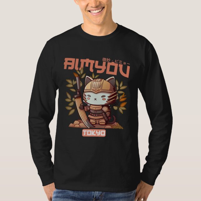 Bimyou Samurai Cat Graphic with Cherry Blossom Tre T Shirt (Framsida)