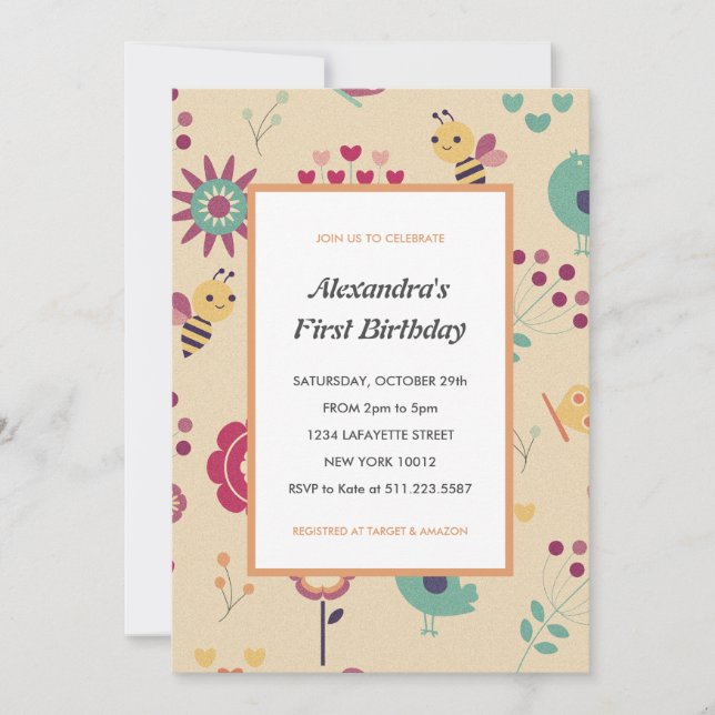 Bin 1:a födelsedagsinbjudan Rosa Bumblebee Inbjudningar (Framsida)