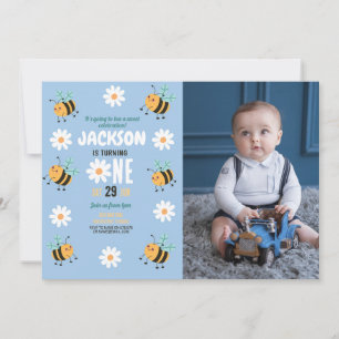 Bin Birthday Photo Party Daisy Blue Boys Inbjudningar