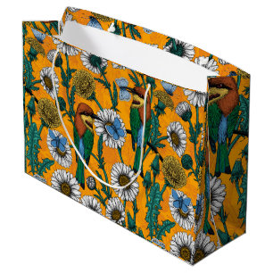 Bin, blå fjärilar och daisy på orange