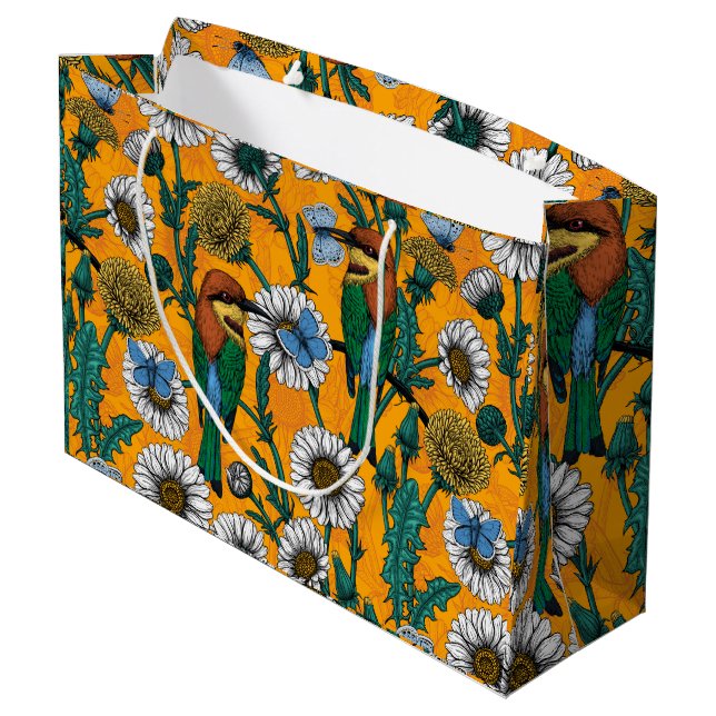 Bin, blå fjärilar och daisy på orange (Baksidan Vinklad)
