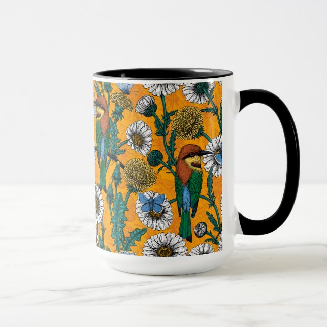 Bin, blå fjärilar och daisy på orange mugg (Höger)