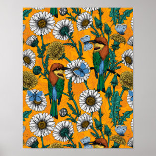 Bin, blå fjärilar och daisy på orange poster