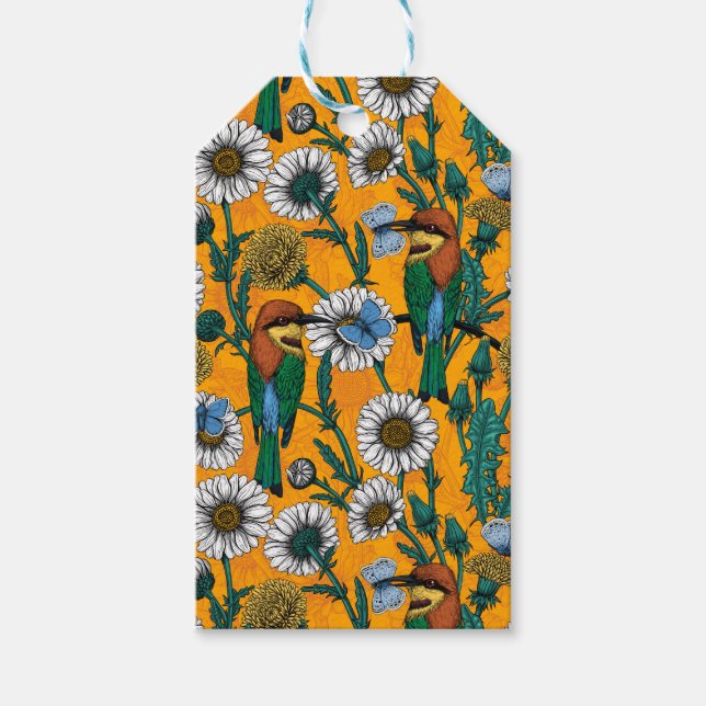 Bin, blå fjärilar och daisy på orange presentetikett (Framsidan)