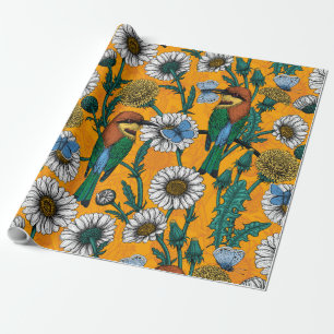Bin, blå fjärilar och daisy på orange presentpapper