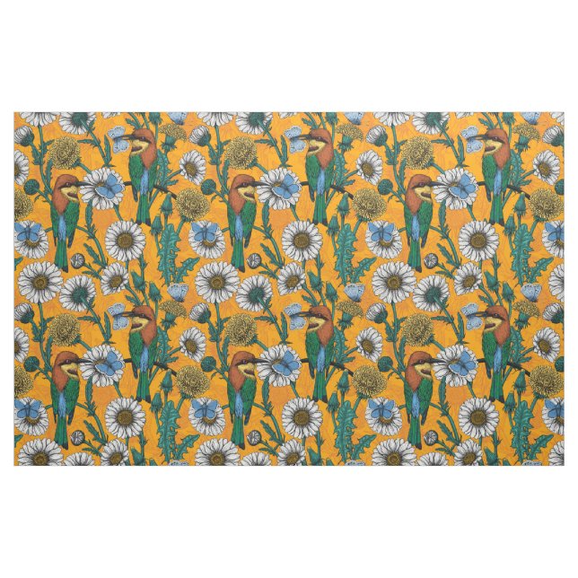 Bin, blå fjärilar och daisy på orange tyg (Fat Quarter)