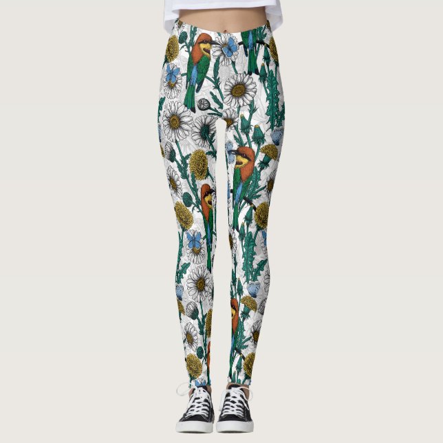 Bin, blå fjärilar och daisy på vita leggings (Framsida)