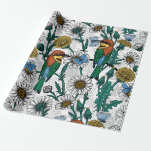 Bin, blå fjärilar och daisy på vita presentpapper