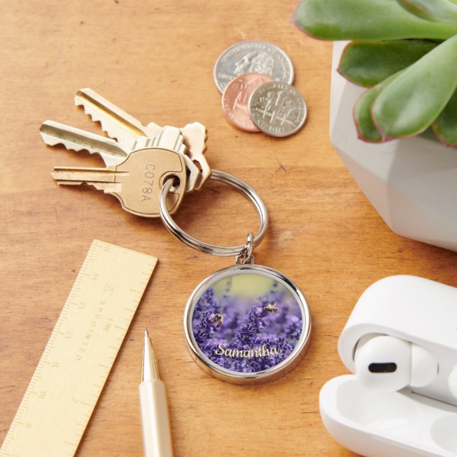 Bin från Cute Lavender Flowers med Namn Rund Silverfärgad Nyckelring (Skrivbord)