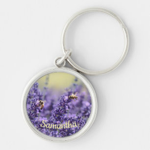 Bin från Cute Lavender Flowers med Namn Rund Silverfärgad Nyckelring